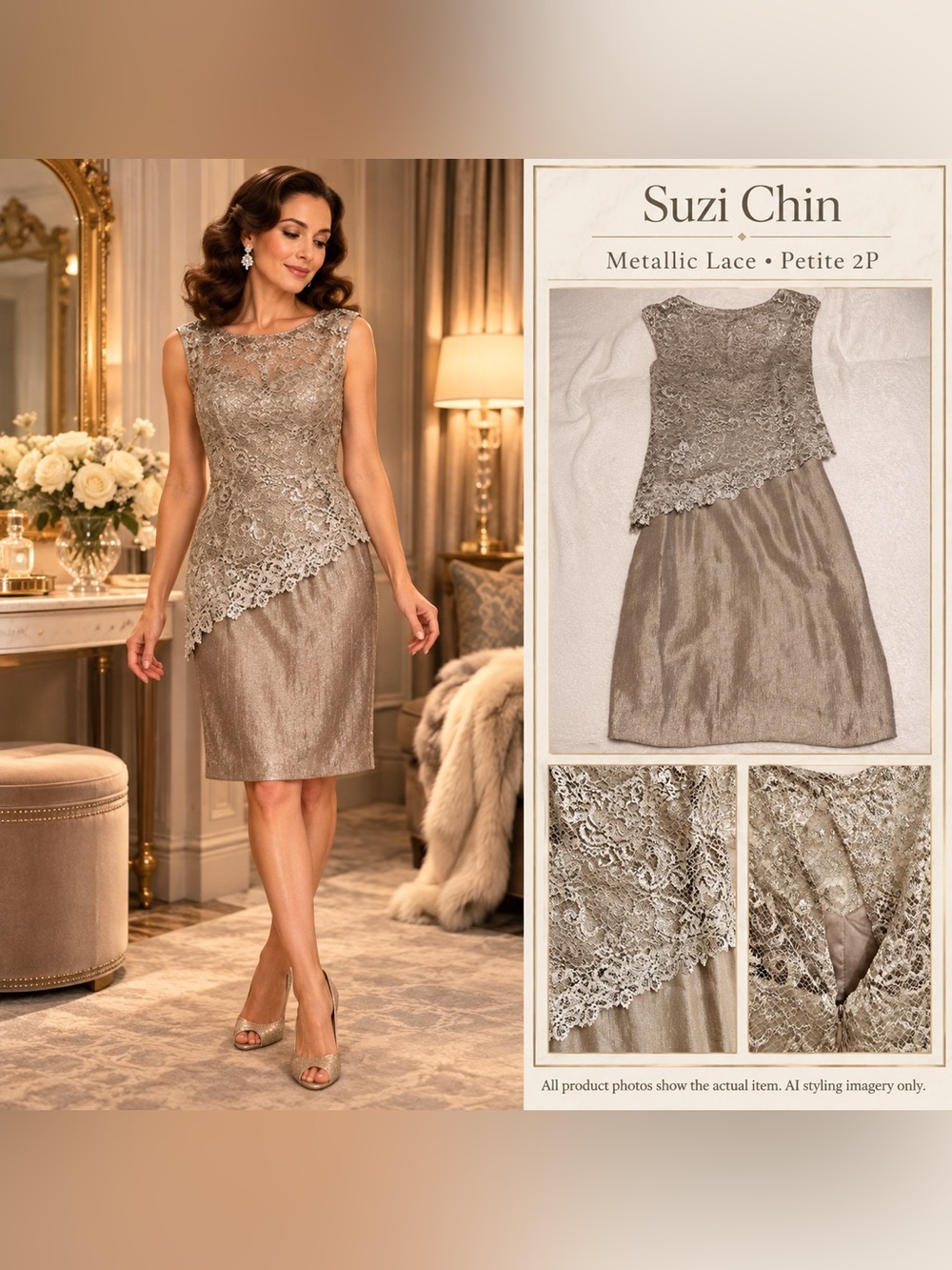 Suzi Chin Maggy Boutique 2P Champagne Metallic Lace Sheath Dress Cocktail Glam